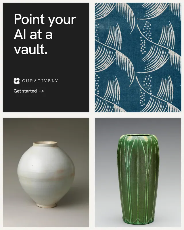 Instagram portrait post for Curatively: "Point your AI at a vault." Minimal luxury style, collage layout, light palette in grey, black, white.