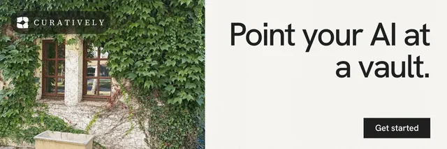 X header for Curatively: "Point your AI at a vault." Swiss style, right layout, light palette in white, green, grey.