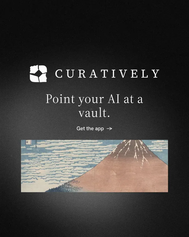 Instagram portrait post for Curatively: "Point your AI at a vault." Minimal luxury style, logo hero layout, dark palette in black, grey.