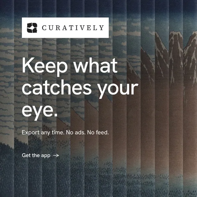 Instagram post for Curatively: "Keep what catches your eye." Minimal luxury style, announce layout, dark palette in grey, black.