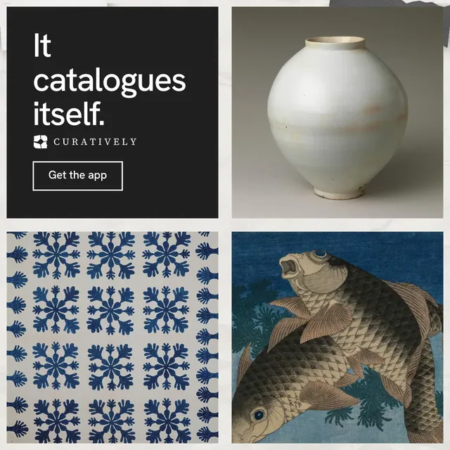 Instagram post for Curatively: "It catalogues itself." Editorial style, collage layout, light palette in black, grey, white.