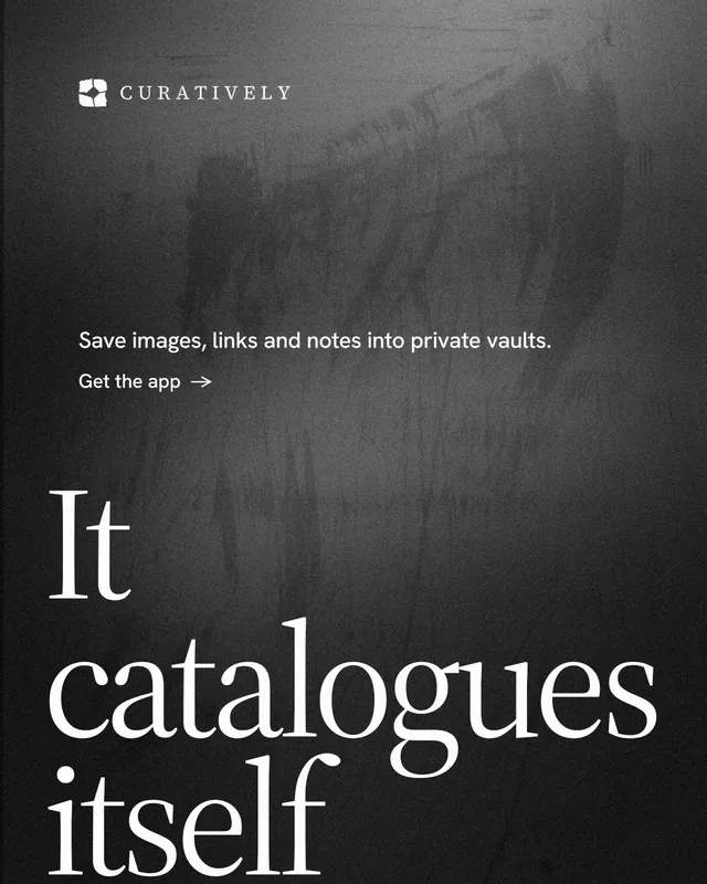 Instagram portrait post for Curatively: "Keep a vault for each thing you make." Minimal luxury style, oversized layout, dark palette in black, grey.