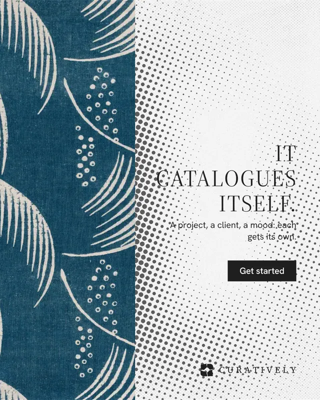 Instagram portrait post for Curatively: "It catalogues itself." Split block style, right layout, light palette in blue, white, grey.