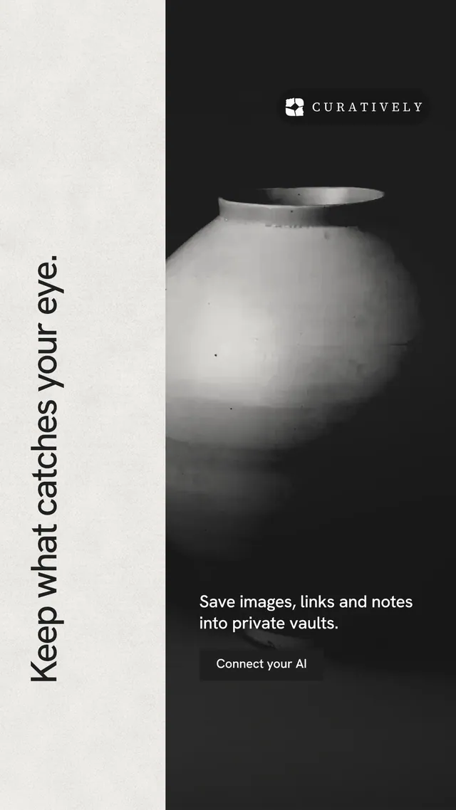 Instagram story for Curatively: "Keep what catches your eye." Swiss style, vertical layout, light palette in white, black, grey.