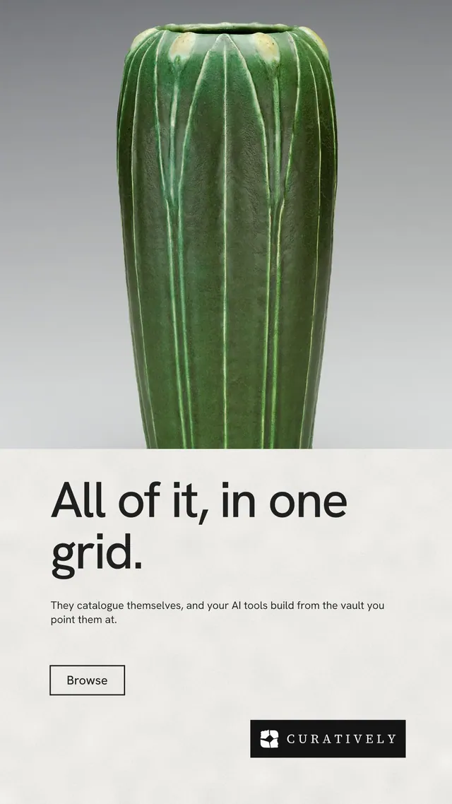 Instagram story for Curatively: "All of it, in one grid." Editorial style, bottom layout, light palette in green, grey, white.
