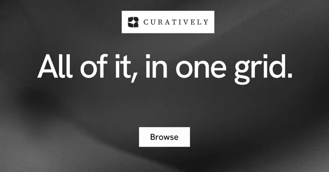 Social ad for Curatively: "All of it, in one grid." Swiss style, centred layout, dark palette in black, grey.