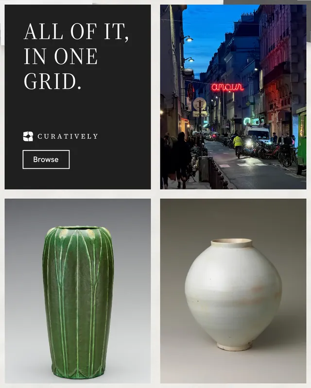 Instagram portrait post for Curatively: "All of it, in one grid." Editorial style, collage layout, dark palette in black, grey, white.