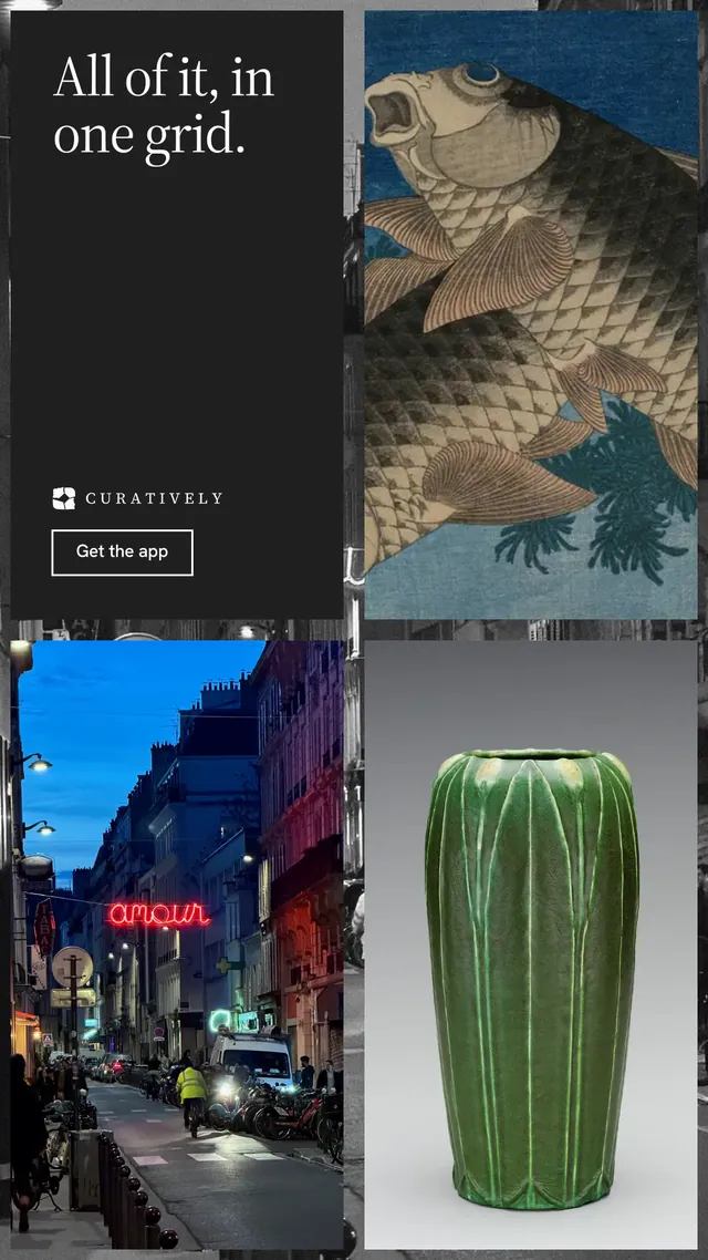 Instagram story for Curatively: "All of it, in one grid." Editorial style, collage layout, dark palette in grey, black, blue.