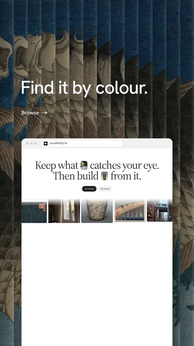 Instagram story for Curatively: "Find it by colour." Minimal luxury style, browser layout, light palette in white, blue, grey.