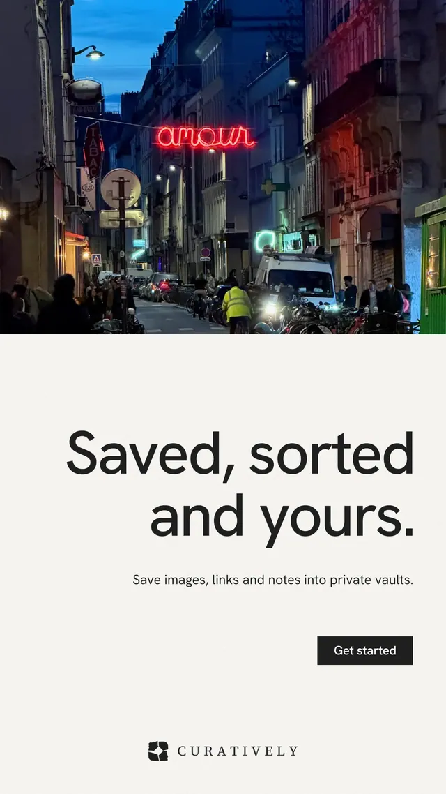 Instagram story for Curatively: "Saved, sorted and yours." Swiss style, right layout, light palette in white, purple, grey.