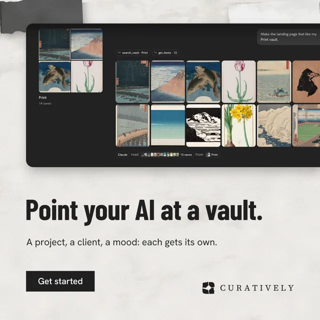 Instagram post for Curatively: "Point your AI at a vault." Retro print style, bottom layout, light palette in black, white, grey.