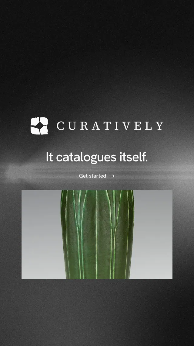 Instagram story for Curatively: "It catalogues itself." Minimal luxury style, logo hero layout, dark palette in black, grey.