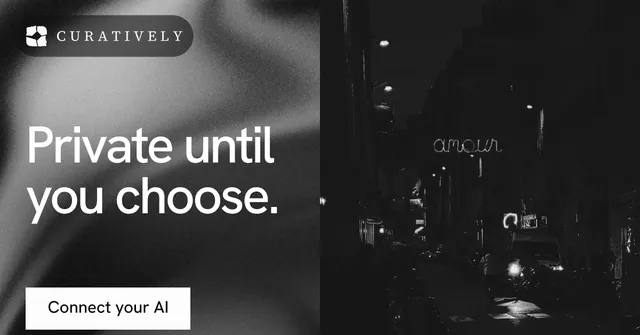 Social ad for Curatively: "Private until you choose." Swiss style, bottom layout, dark palette in black, grey.