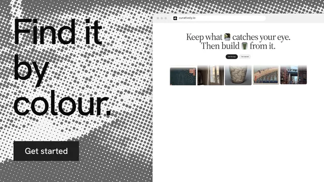 Landscape graphic for Curatively: "Find it by colour." Swiss style, browser layout, light palette in white, grey.