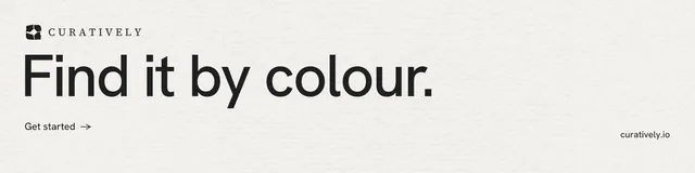 LinkedIn banner for Curatively: "Find it by colour." Minimal luxury style, poster layout, light palette in white.