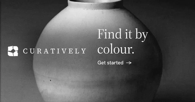 Social ad for Curatively: "Find it by colour." Minimal luxury style, logo hero layout, dark palette in grey, black.