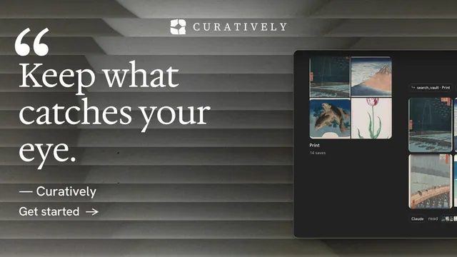Landscape graphic for Curatively: "Point your AI at a vault." Minimal luxury style, quote layout, dark palette in grey, black.