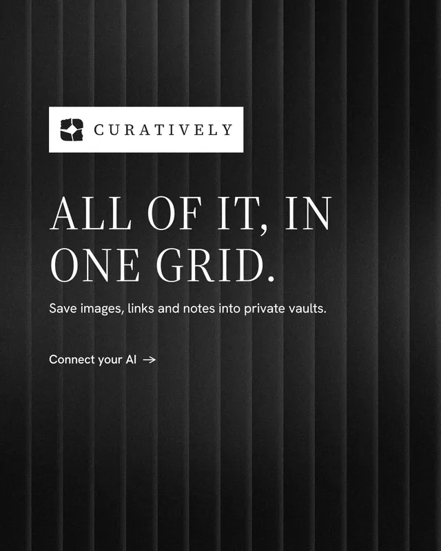 Instagram portrait post for Curatively: "All of it, in one grid." Minimal luxury style, announce layout, dark palette in black, grey.