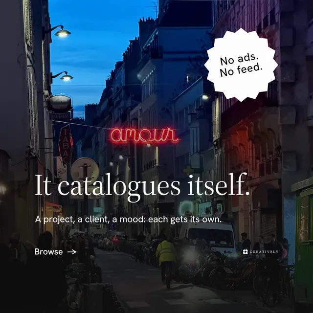 Instagram post for Curatively: "It catalogues itself." Minimal luxury style, sticker layout, dark palette in black, grey, blue.