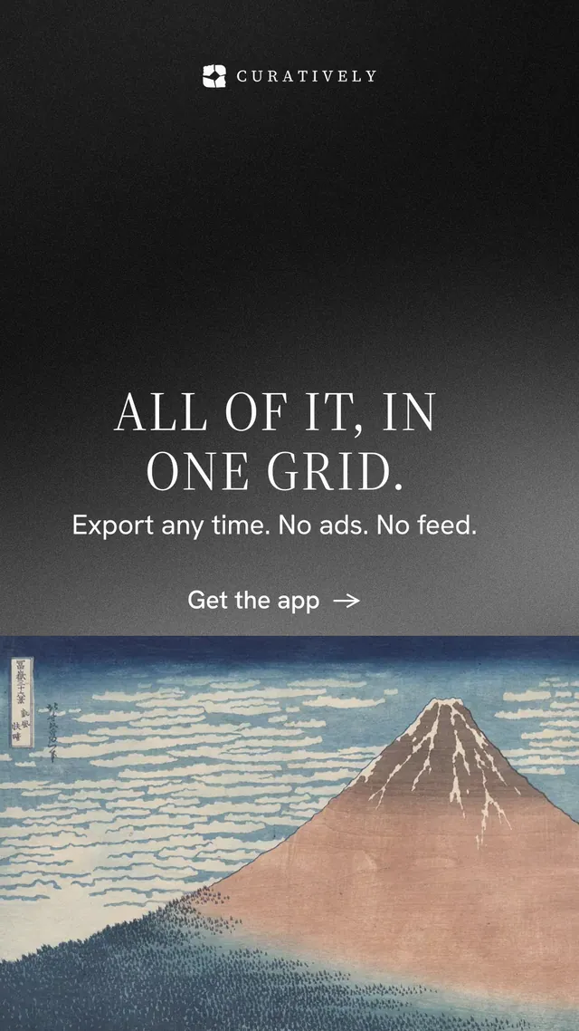 Instagram story for Curatively: "All of it, in one grid." Minimal luxury style, skeleton layout, dark palette in black, grey.