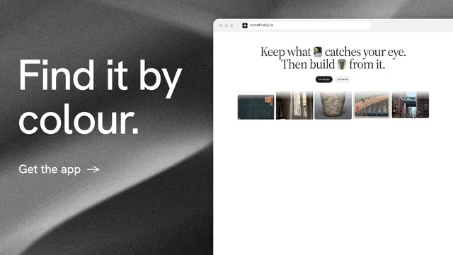 Landscape graphic for Curatively: "Find it by colour." Minimal luxury style, browser layout, light palette in white, black, grey.