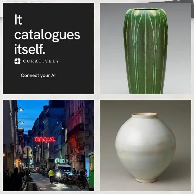 Instagram post for Curatively: "It catalogues itself." Swiss style, collage layout, dark palette in black, grey, white.
