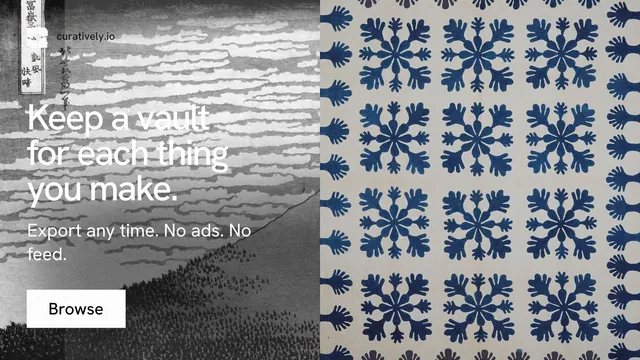 Landscape graphic for Curatively: "Keep a vault for each thing you make." Swiss style, bottom layout, light palette in grey, white.