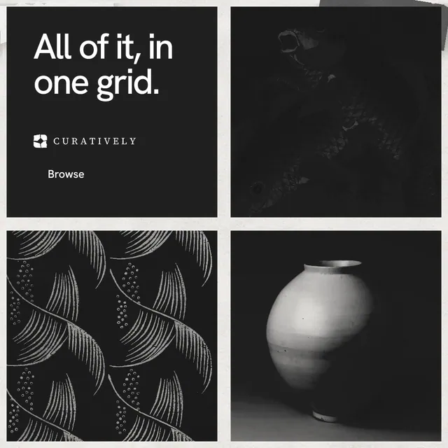 Instagram post for Curatively: "All of it, in one grid." Swiss style, collage layout, dark palette in black, grey.