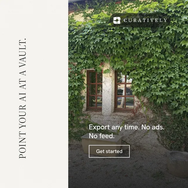 Instagram post for Curatively: "Point your AI at a vault." Editorial style, vertical layout, light palette in grey, black, white.