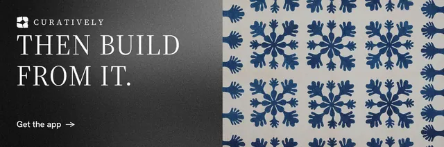 X header for Curatively: "Then build from it." Minimal luxury style, bottom layout, dark palette in grey, black.