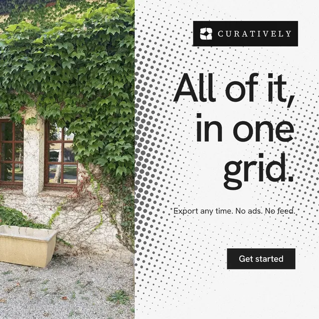 Instagram post for Curatively: "All of it, in one grid." Swiss style, right layout, light palette in green, grey, white.