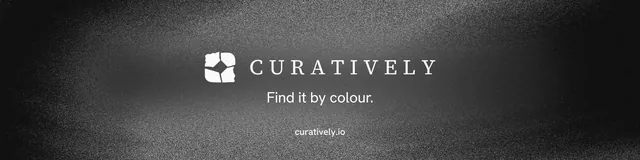 LinkedIn banner for Curatively: "Find it by colour." Swiss style, end card layout, dark palette in black, grey.