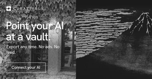 Social ad for Curatively: "Point your AI at a vault." Editorial style, bottom layout, dark palette in black, grey.