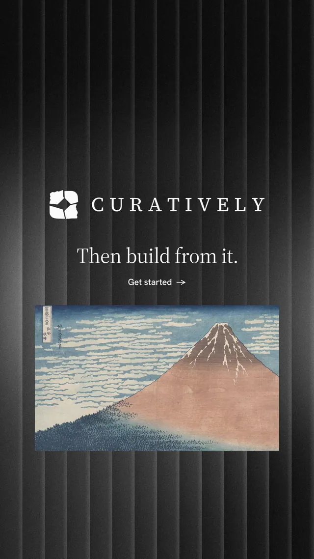 Instagram story for Curatively: "Then build from it." Minimal luxury style, logo hero layout, dark palette in black, grey.