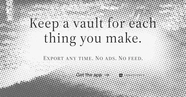 Social ad for Curatively: "Keep a vault for each thing you make." Split block style, smallcaps layout, light palette in grey, white.