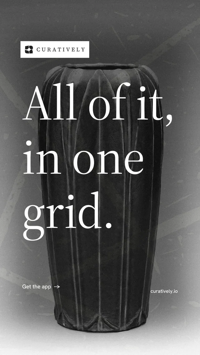 Instagram story for Curatively: "All of it, in one grid." Minimal luxury style, poster layout, dark palette in black, grey, white.