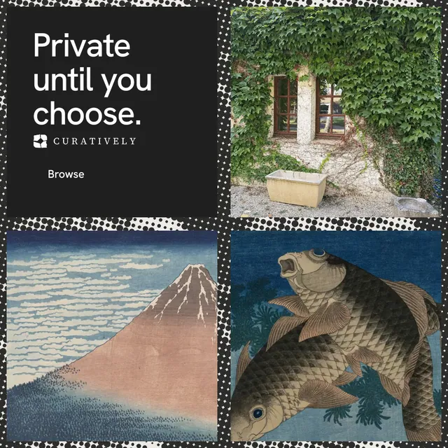 Instagram post for Curatively: "Private until you choose." Swiss style, collage layout, dark palette in grey, black.
