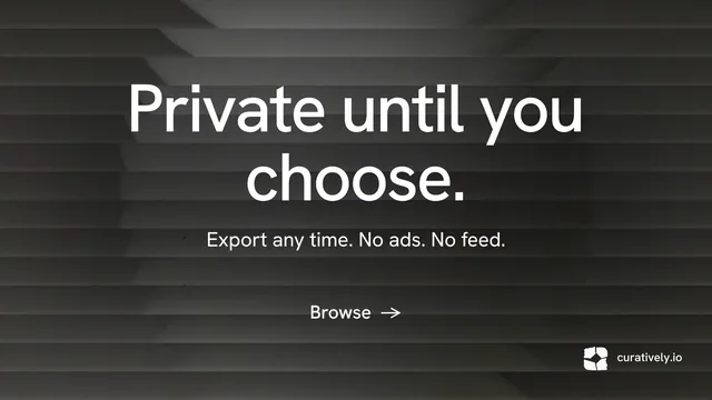 Landscape graphic for Curatively: "Private until you choose." Minimal luxury style, centred layout, dark palette in black, grey.