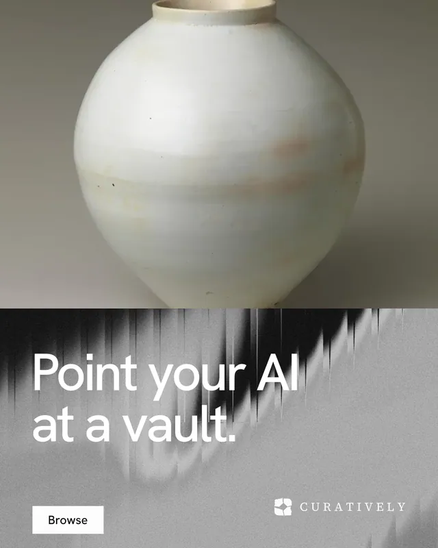 Instagram portrait post for Curatively: "Point your AI at a vault." Swiss style, bottom layout, light palette in grey, white.