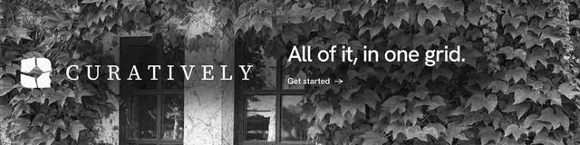 LinkedIn banner for Curatively: "All of it, in one grid." Minimal luxury style, logo hero layout, dark palette in grey, black.
