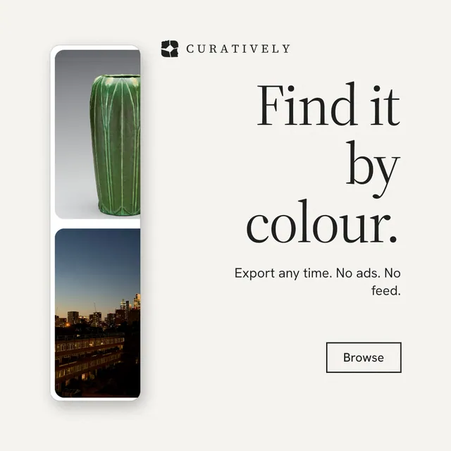 Instagram post for Curatively: "Find it by colour." Editorial style, right layout, light palette in white, grey.