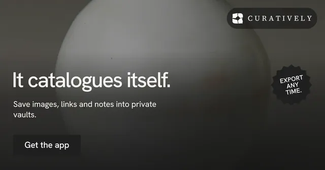 Social ad for Curatively: "It catalogues itself." Swiss style, sticker layout, dark palette in grey, black.