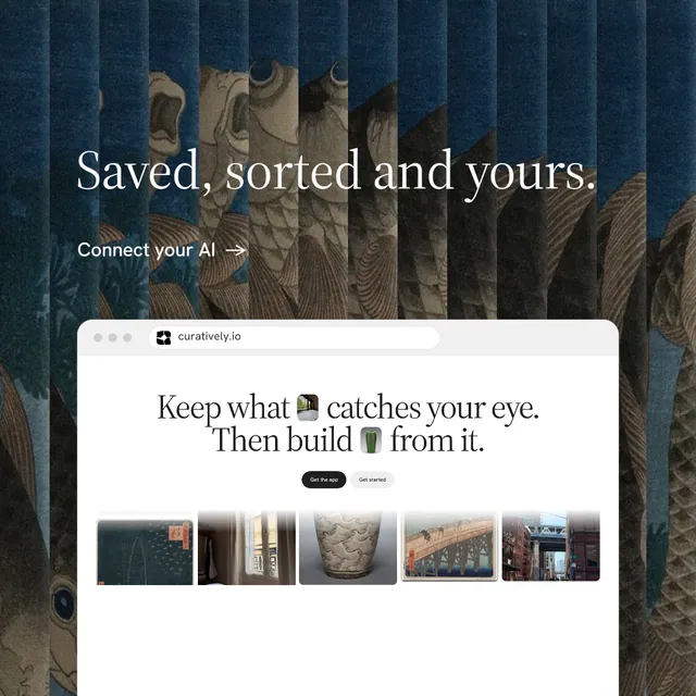 Instagram post for Curatively: "Saved, sorted and yours." Minimal luxury style, browser layout, light palette in white, black, blue.