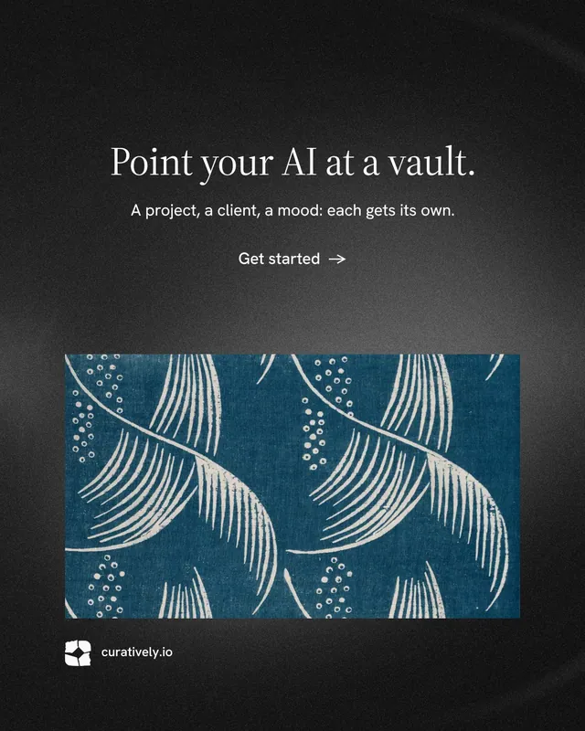 Instagram portrait post for Curatively: "Point your AI at a vault." Minimal luxury style, centred layout, dark palette in black, blue, grey.