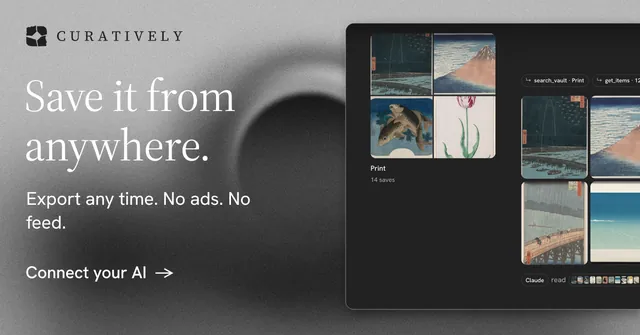 Social ad for Curatively: "Save it from anywhere." Minimal luxury style, bottom layout, dark palette in grey, black.