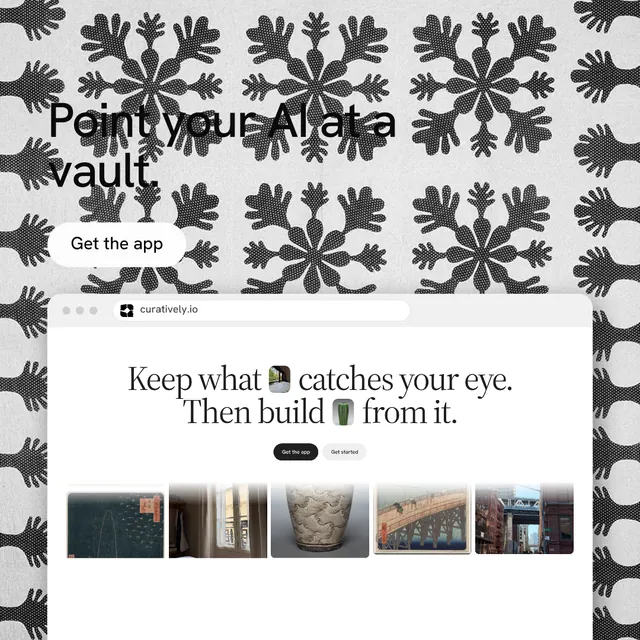 Instagram post for Curatively: "Point your AI at a vault." Photo poster style, browser layout, light palette in white, grey.