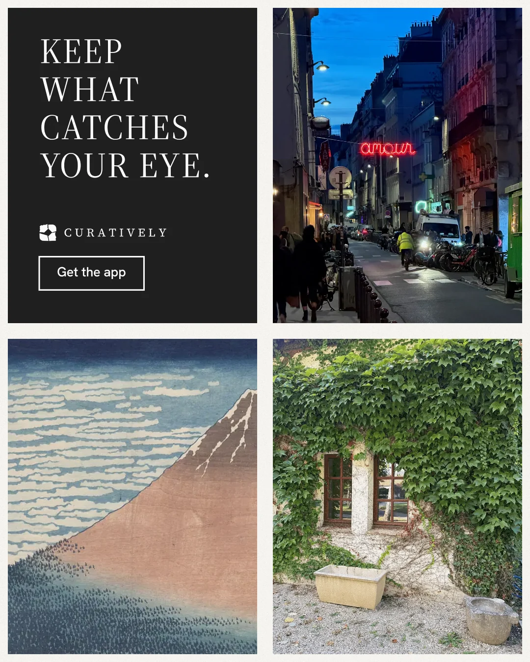 Instagram portrait post for Curatively: "Keep what catches your eye." Editorial style, collage layout, dark palette in grey, black.