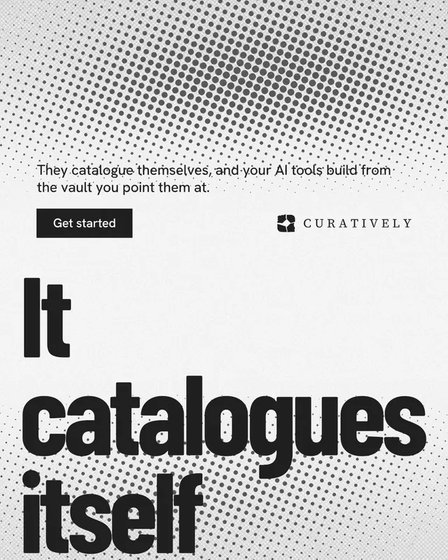 Instagram portrait post for Curatively: "All of it, in one grid." Retro print style, oversized layout, light palette in grey, white.