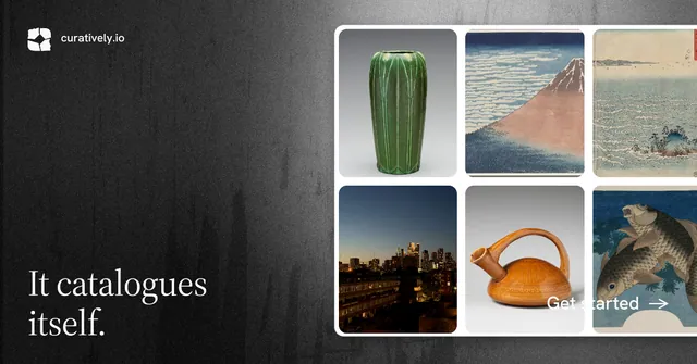 Social ad for Curatively: "It catalogues itself." Minimal luxury style, image led layout, dark palette in grey, black.