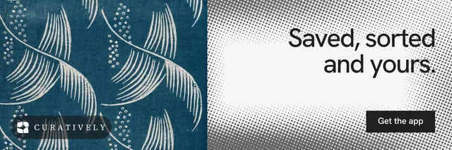 X header for Curatively: "Saved, sorted and yours." Swiss style, right layout, light palette in blue, grey, white.